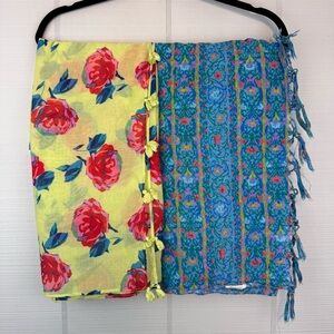 Lot Of 2 Aerie Floral Lightweight Scarves Fringe Boarder Beach Skirt Cover Up